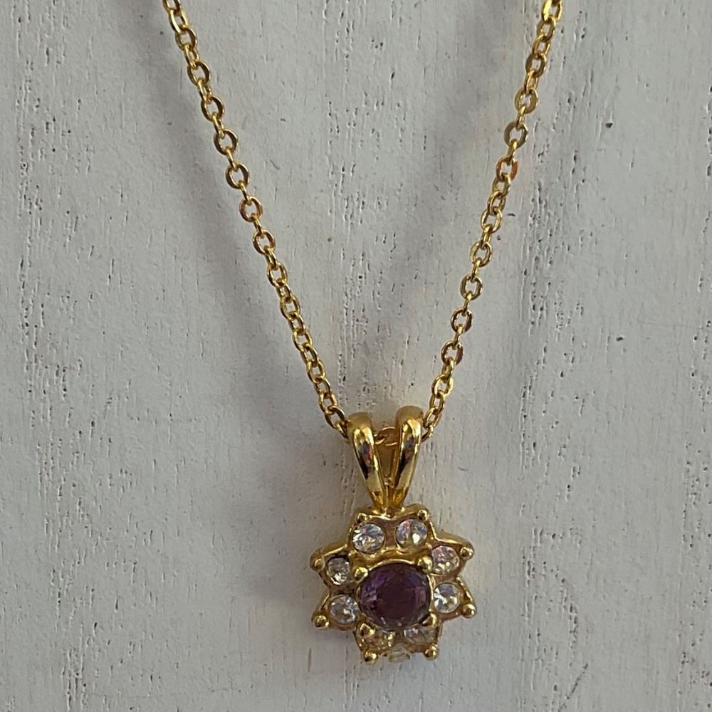 Amethyst pendant necklace dainty gold link chain floral design 18” - Picture 3 of 10